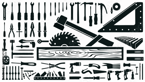 Illustration showing a collection of various carpentry and woodworking tools and equipment in black silhouette
