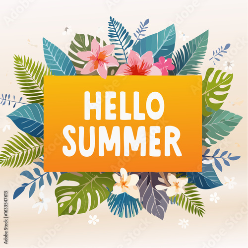 Playful circular bouquet motif with hibiscus and plumeria accents around a sunny centerpiece, suitable for branding, packaging, and catalogs
