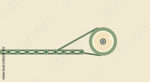 Green chain drives round wheel against beige background in simple design