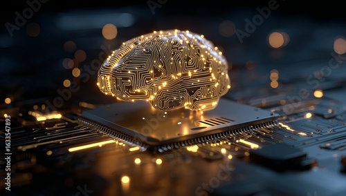 Golden brain graphic on circuit board
