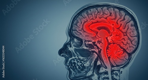 Brain MRI scan showcasing areas of inflammation and neurological responses of the human central