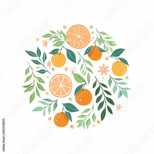 Polished round icon of a citrus cluster with leafy accents, designed for branding collateral, apps, and storefront signage
