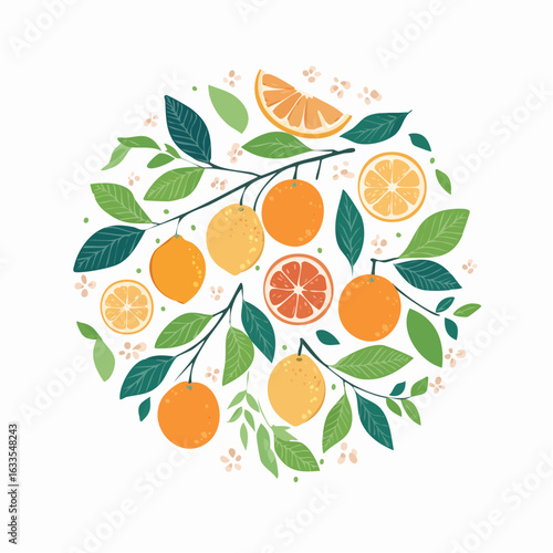 Playful circular citrus frame with fresh fruit slices and foliage, suitable for menus, event invites, and social media graphics

