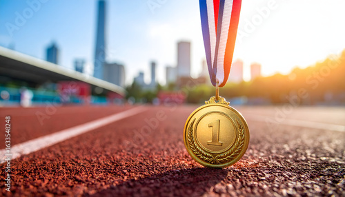 A first place gold medal with a tricolor ribbon resting on a stadium running track