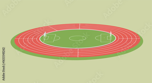 Oval sports field with running tracks, green field, soccer goals, isometric view