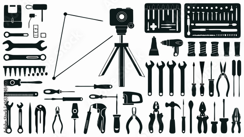 Illustration of a camera on a tripod with various tools including wrenches pliers screwdrivers and more tools silhouette