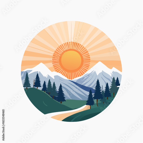 Cozy circular badge capturing sunrise rays over a desert-tinged mountain range, suitable for branding collateral, posters, and social media
