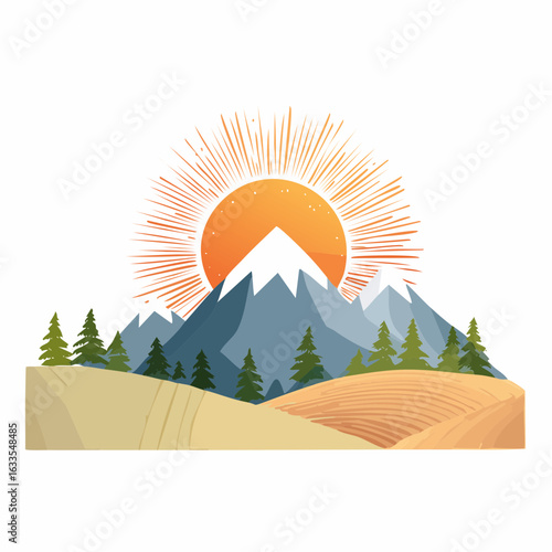 An inspiring round illustration of sunrise over alpine scenery, ideal for mountain tourism brochures, nature blogs, and outdoor lifestyle branding
