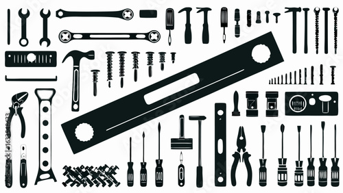 Illustration showing a collection of various tools including wrenches hammers screwdrivers and other equipment silhouette