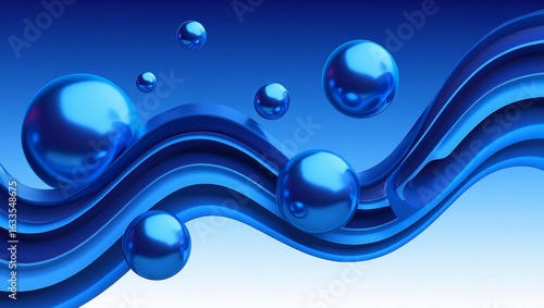 Blue abstract background with shiny spheres and wavy lines modern graphic design art