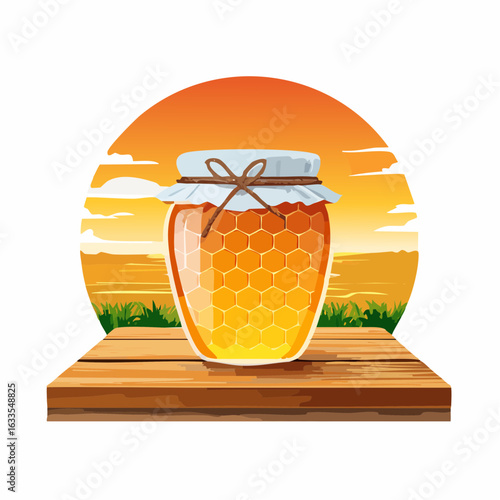 Cozy circular badge featuring a honey jar against an amber sky, suitable for branding collateral, packaging, and social media campaigns
