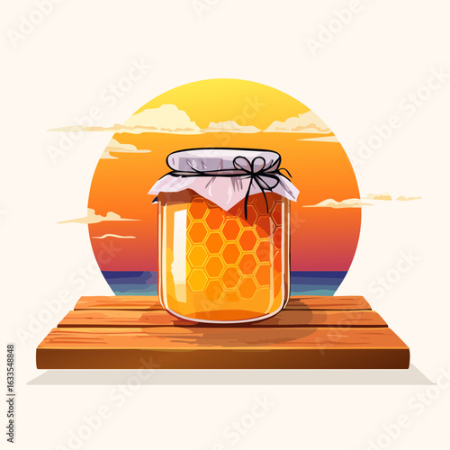 A radiant round illustration of a honey jar bathed in sunset glow, ideal for grocery branding, recipe blogs, and market banners
