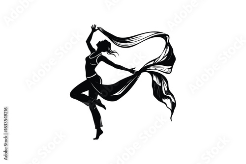 Elegant dancer in silhouette gracefully moving with flowing fabric capturing a moment of dynamic motion and artistic expression in a stylized design silhouette