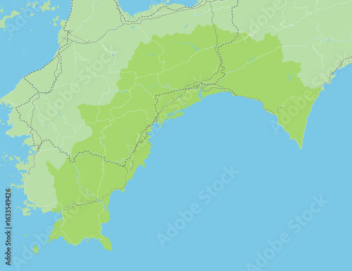 日本の高知県と隣接する都道府県を含む、緑色のシンプルなロードマップ