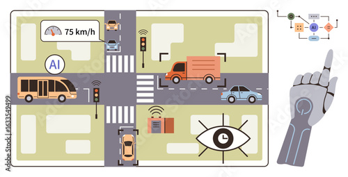 Urban intersection with autonomous vehicles, AI monitoring traffic signals, sensors, robotic controls, and smart data flow. Ideal for AI, technology, automation, safety mobility smart cities