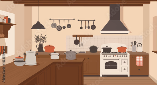 Rustic kitchen with pots, pans, stove, and utensils in muted tones