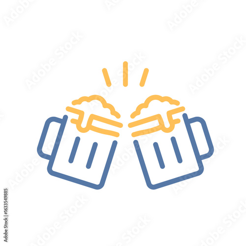 Two clinking beer mugs icon – celebration, cheers, friendship, social gathering – vector thin line illustration, editable stroke