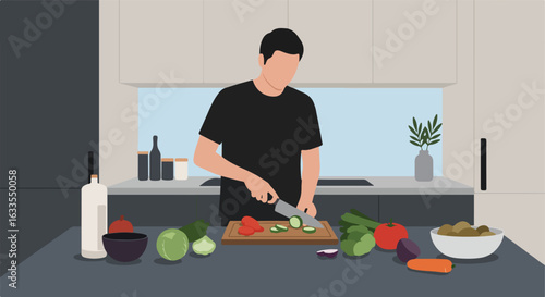 Minimalist art of person in kitchen cutting cucumber on a wooden board
