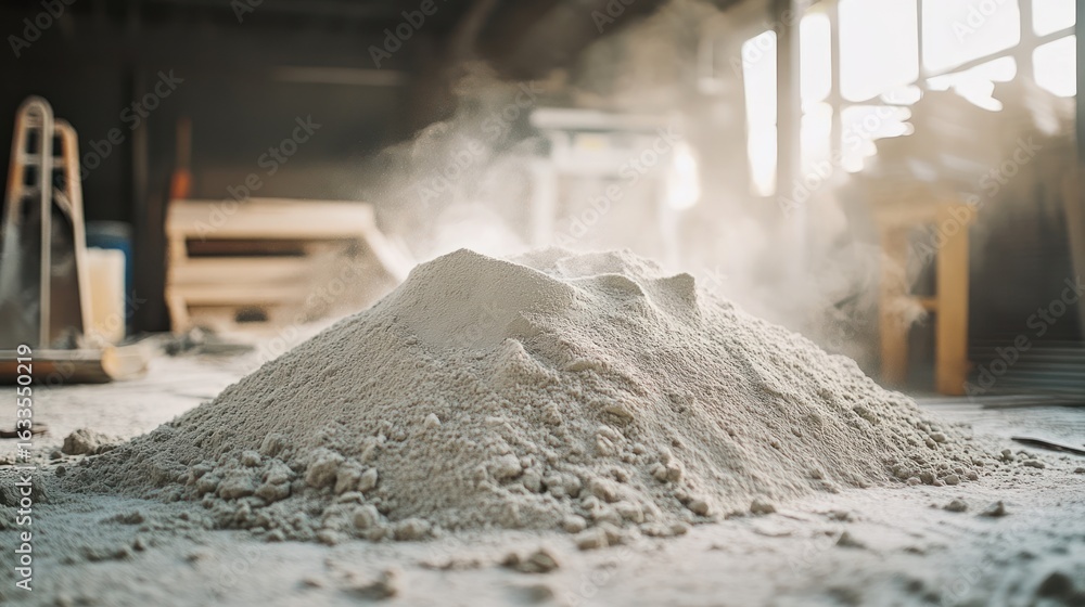 custom made wallpaper toronto digitalA large pile of light-gray powder, possibly sawdust or plaster, sits in a workshop.  Smoke or dust motes rise from the top.  Blurred background shows tools and other materials