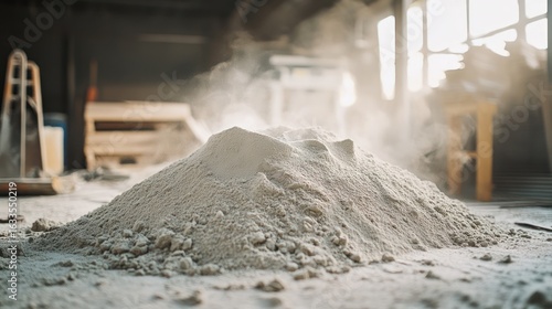 A large pile of light-gray powder, possibly sawdust or plaster, sits in a workshop.  Smoke or dust motes rise from the top.  Blurred background shows tools and other materials