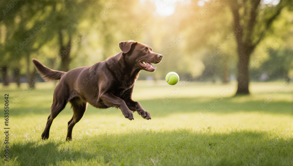 Fototapeta premium Playful chocolate labrador retriever jumping to catch tennis ball in sunny park, energetic and joyful, green grass and trees in background, outdoor pet activity