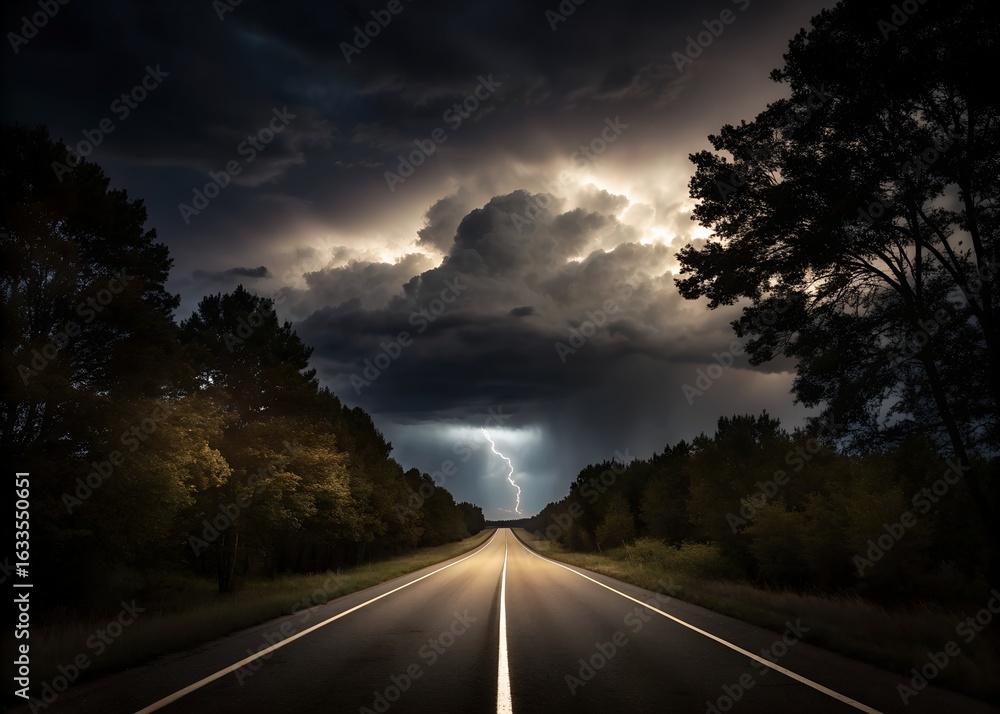 Fototapeta premium Dramatic lightning strikes over an empty road during a powerful thunderstorm