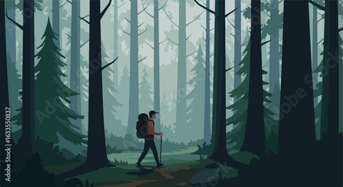 Hiker in moody forest