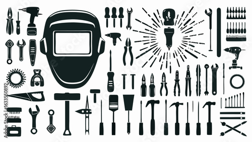 Illustration of a collection of various tools including a welding mask, hammers, screwdrivers and wrenches silhouette