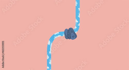 Cartoon blue water pipe with white clouds through valve on salmon background