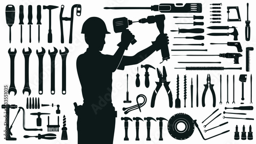 Silhouette of a construction worker holding drills surrounded by various tools in black and white style
