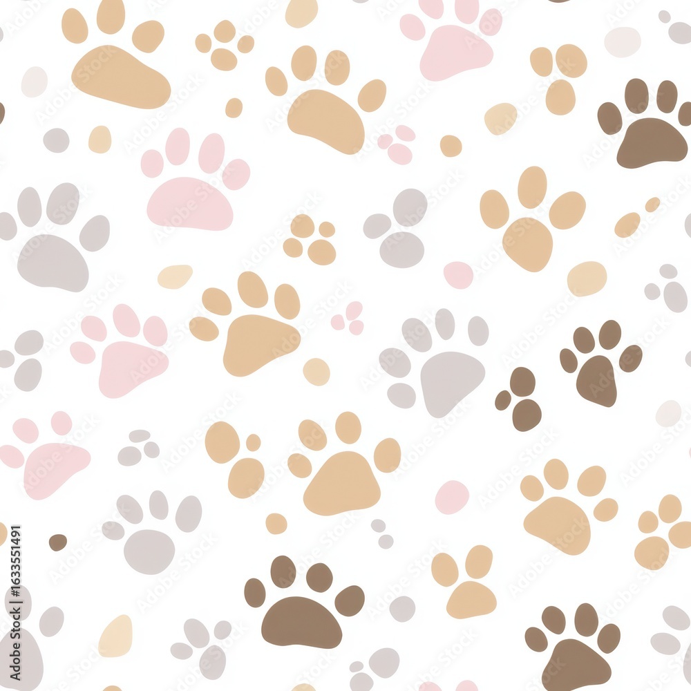 Fototapeta premium Paw Prints Pattern: A charming array of paw prints of various sizes and colors dance playfully, creating a whimsical pattern for a cozy and cheerful vibe.