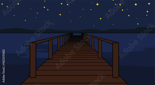 Night dock a long, straight wooden pier over a dark lake under a starry sky