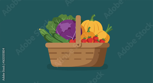 Wicker basket overflows with harvested vegetables on a teal backdrop