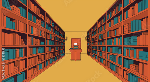 Cartoon library corridor; shelves flank a table with books under a floating monitor