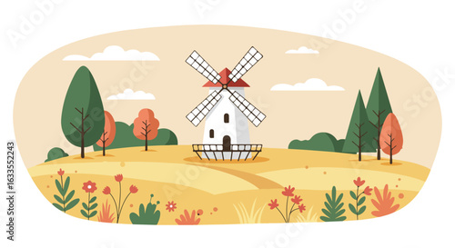 Idyllic farmland scene with a windmill in a field, trees, flowers, and sky