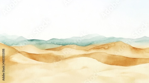 Wallpaper Mural Watercolor desert landscape.  Soft, blended hues of tan and teal depict rolling dunes and distant mountains against a pale sky.  Gentle, flowing lines create a serene atmosphere Torontodigital.ca