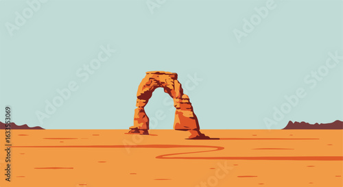 Desert arch rock formation under a pale blue sky