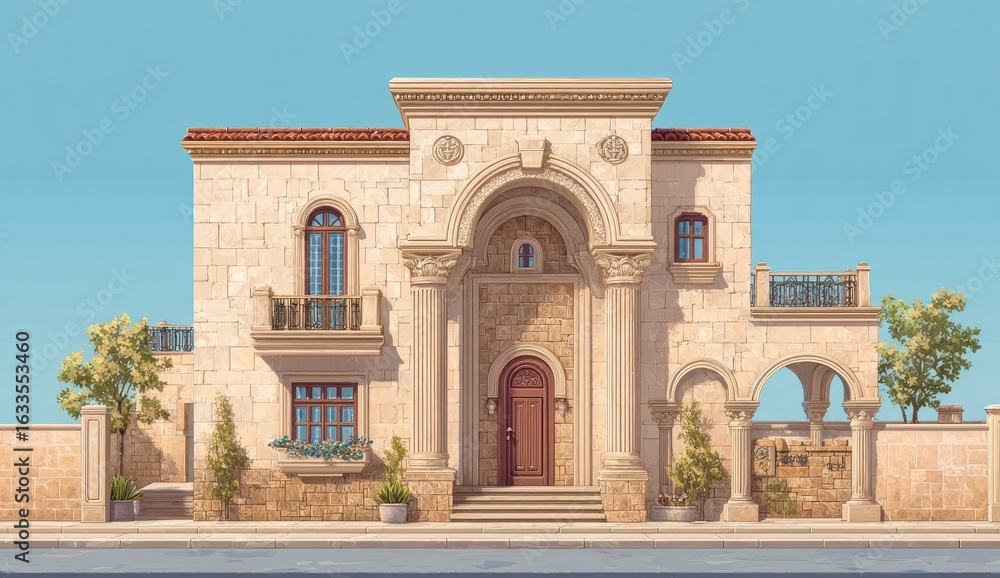 Naklejka premium Mediterranean villa architectural rendering, sunny day, street view, landscaping