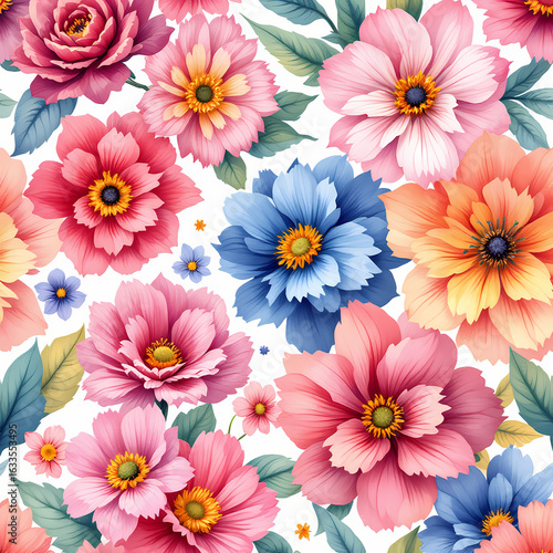 Beautiful floral pattern with beautiful, delicate flowers and foliage in watercolor style. Blue, pink, yellow, green shades. A pattern on a white background for textiles, backgrounds, postcards