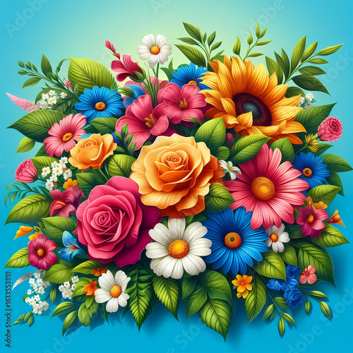 Beautiful floral pattern with beautiful, delicate flowers and foliage in watercolor style. Blue, pink, yellow, green shades. Pattern on a blue background for textiles, backgrounds, postcards