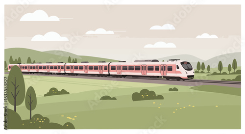 Pink passenger train traverses verdant countryside under a cloudy sky