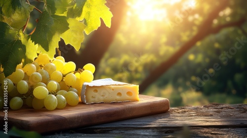 Wallpaper Mural Fresh grapes and cheese on a rustic board, bathed in golden sunlight Torontodigital.ca