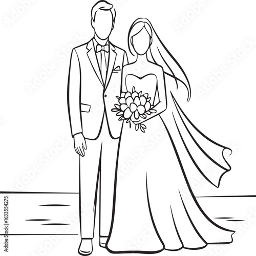 Elegant bride and groom in wedding attire holding a beautiful bouquet, celebrating their special day with joy and love