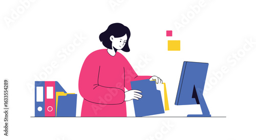 Woman sorts paperwork at her computer in bright, minimalist office setting