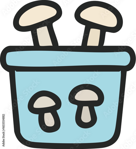 Cute Cartoon Mushrooms Growing in a Blue Pot.