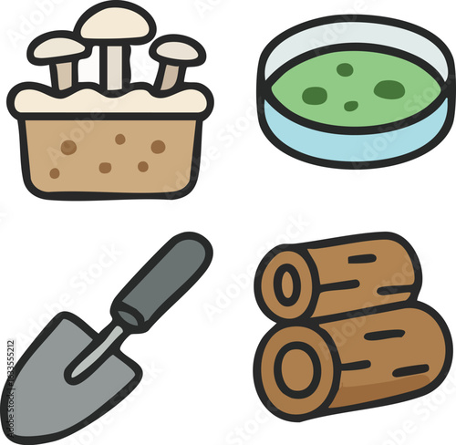 Mushroom Cultivation and Gardening Tools Icons.