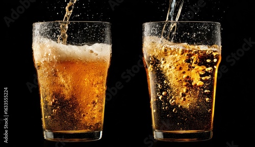 Wallpaper Mural Pouring fizzy golden drink into glasses, black background, refreshment Torontodigital.ca