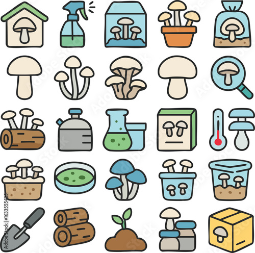 Mushroom Cultivation and Mycology Icons.