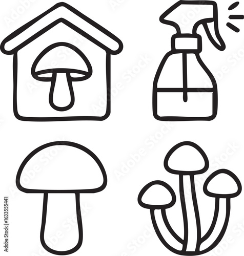 Mushroom cultivation and mycology line art icon set.