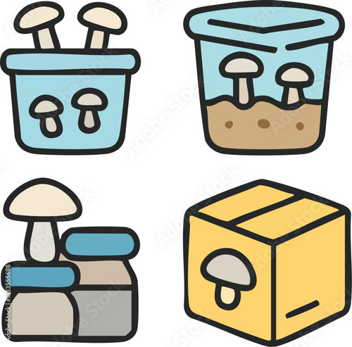 Mushroom Cultivation and Storage Icons Set.